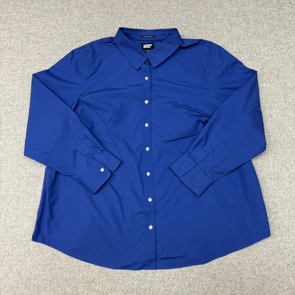 Lands' End Button Up Shirt 24W Blue No Iron Broadcloth Cotton Long Sleeve Blouse